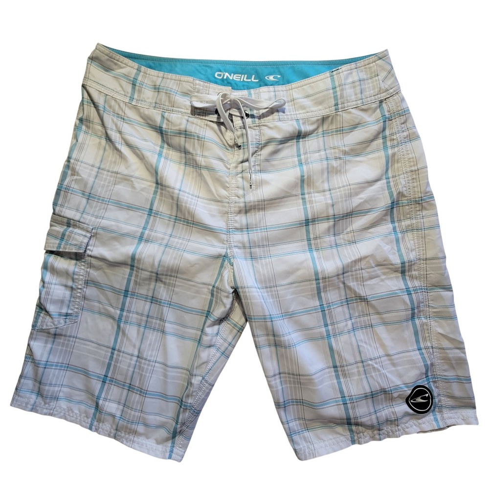 O'Neill Board Shorts Mens 34 White Blue Plaid Cargo Pocket Surf Beach Quick Dry